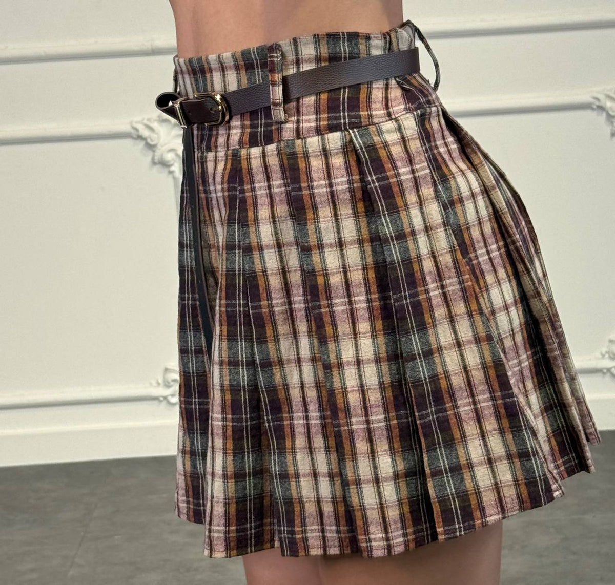 Gonna pantalone plissettata tartan con cinta