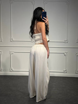 set in lino con pantalone con fiocco