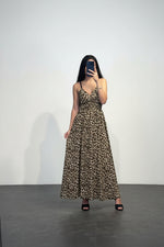 Abito Lungo Animalier con Scollo Incrociato Vita Arricciata e Gonna Ampi