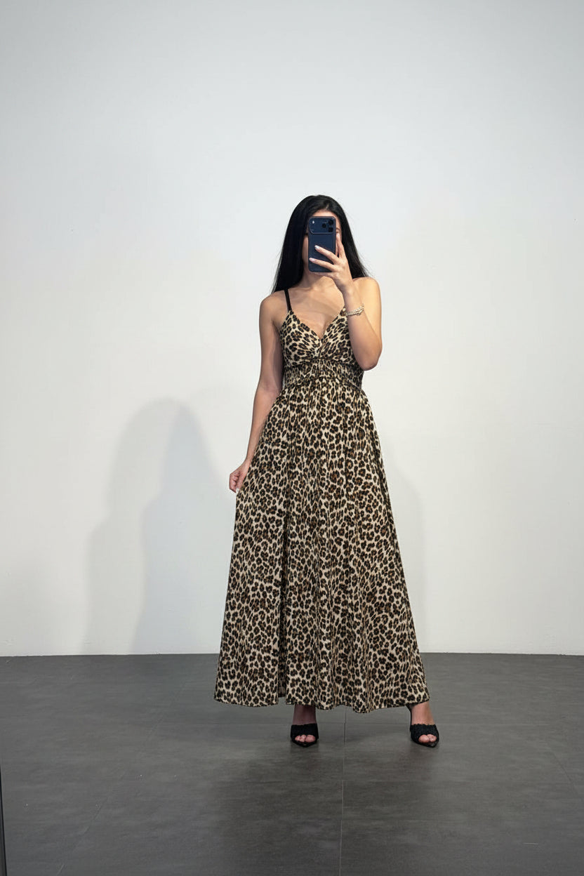 Abito Lungo Animalier con Scollo Incrociato Vita Arricciata e Gonna Ampi