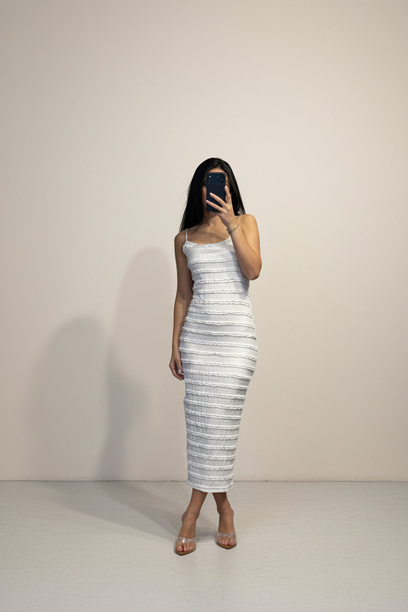 Abito Midi Donna Aderente con Spalline Sottili e Balze Orizzontali