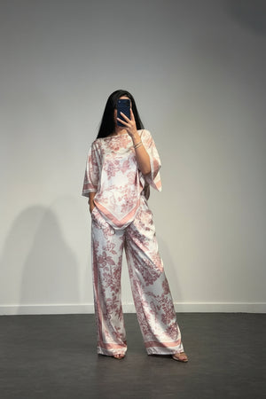 Coordinato Donna Due Pezzi con Top a Foulard e Pantaloni Palazzo, Stampa Tropicale A
