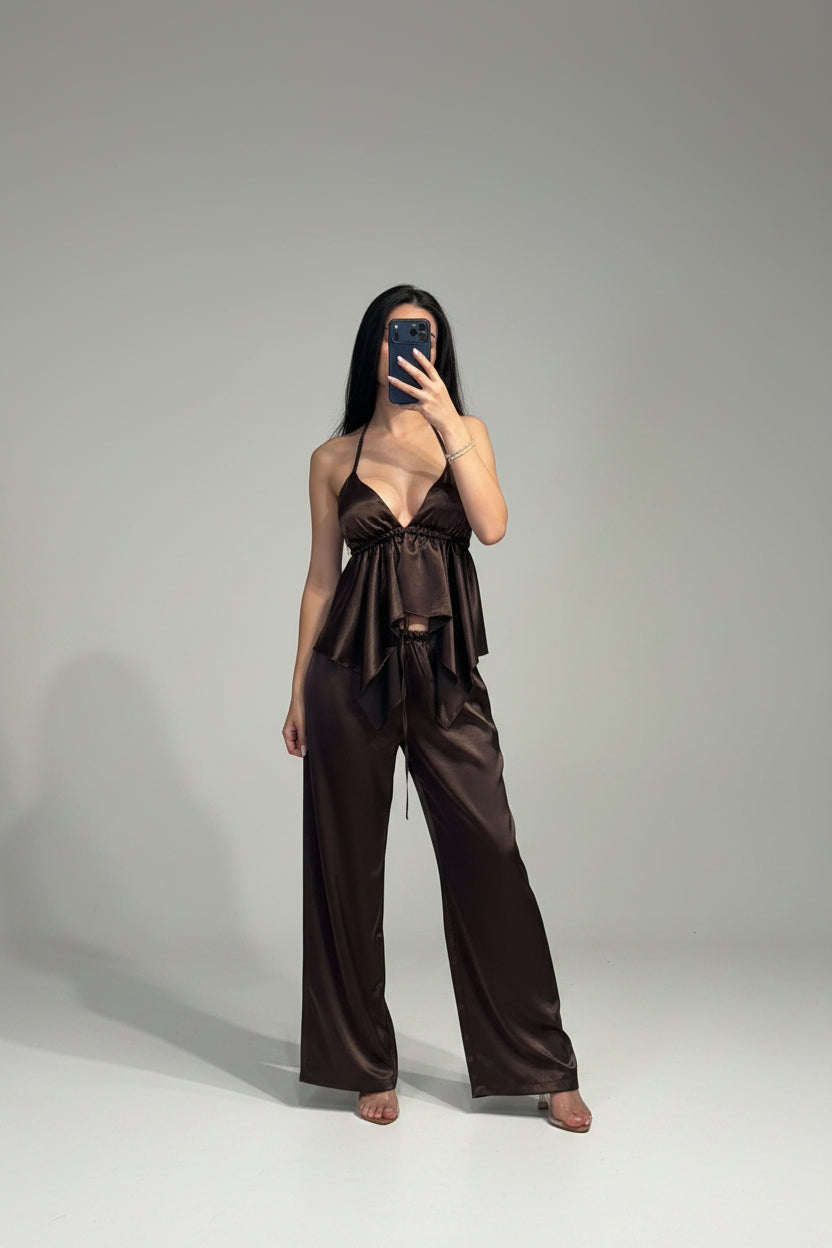 coordinato Donna Due Pezzi in Raso con Top a Spalline e Pantaloni Palazzo