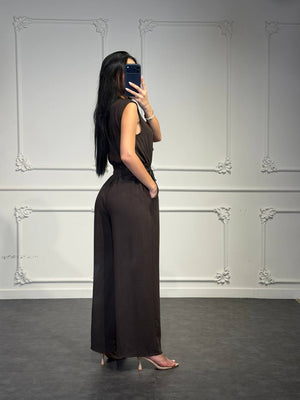 Jumpsuit con Bottoni Decorativi Cintura in Vita e Scollo Coreano