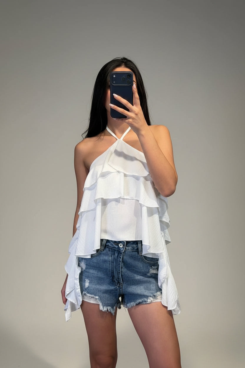Top Asimmetrico con Scollo Allacciato e Balze Sovrapposte