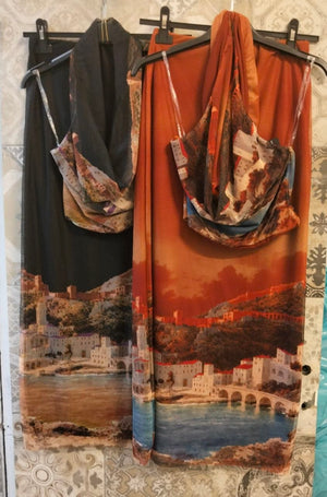 set velato con fodera e stampa con paesaggio