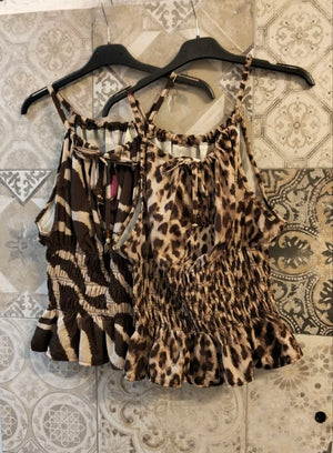 Top Donna Arricciato con Spalline Sottili Fiocco Frontale e Stampa Animalier