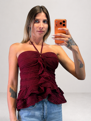 top martina in cotone ricamato e balze