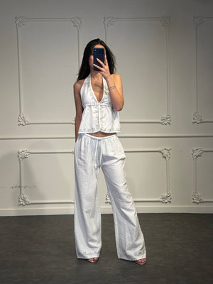 Coordinato Donna Due Pezzi con Top Drappeggiato e Pantaloni Palazzo con Applicazioni