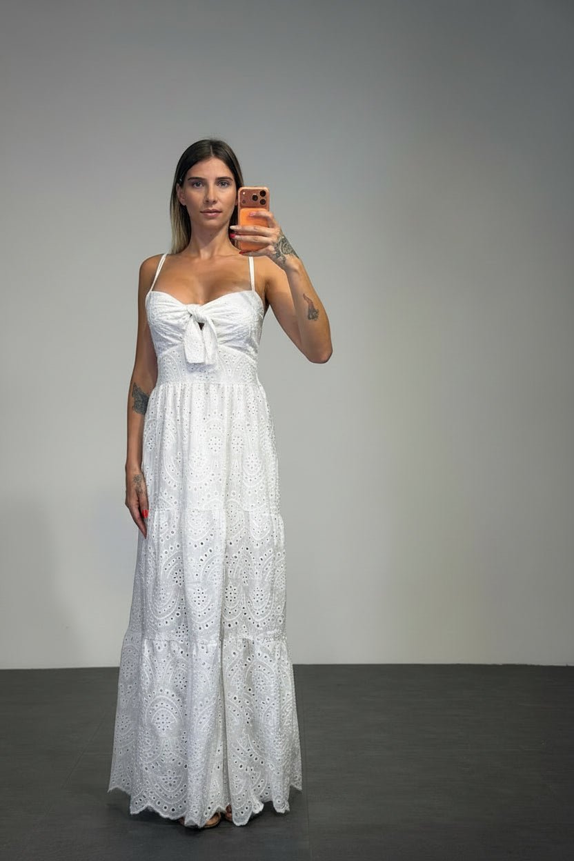 abito lungo in pizzo san gallo con balze - Dverso Fashion