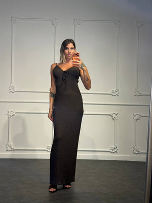 Abito Lungo in Tessuto Operato con Fiocco sul Décolleté, Spalline Sottili - Dverso Fashion
