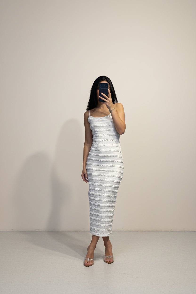 Abito Midi Donna Aderente con Spalline Sottili e Balze Orizzontali - Dverso Fashion
