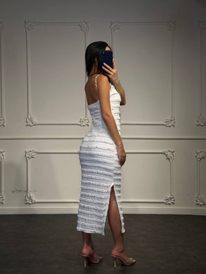 Abito Midi Donna Aderente con Spalline Sottili e Balze Orizzontali - Dverso Fashion