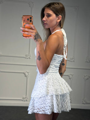 abito rose in pizzo con balze - Dverso Fashion