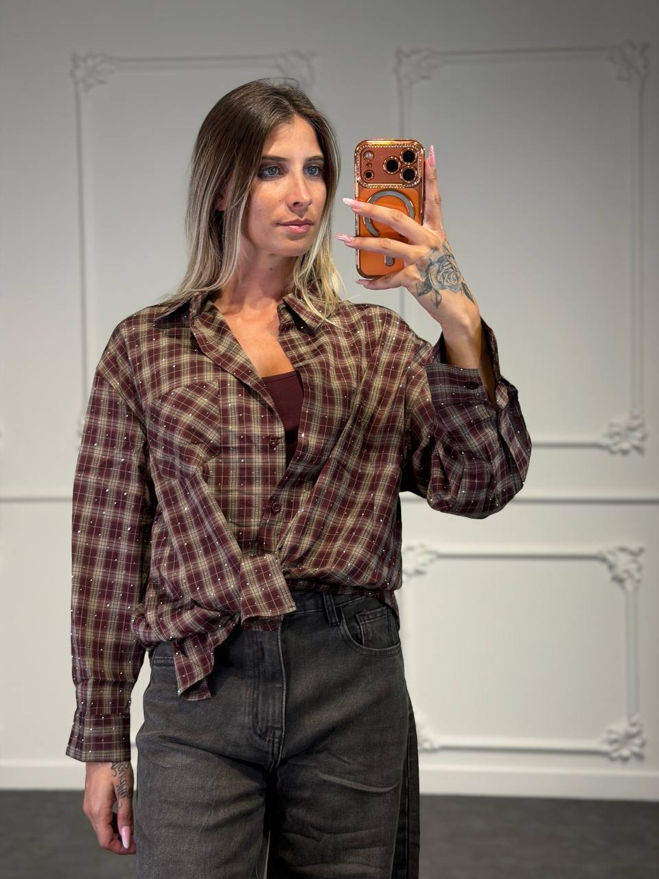 camicia quadri con strass - Dverso Fashion