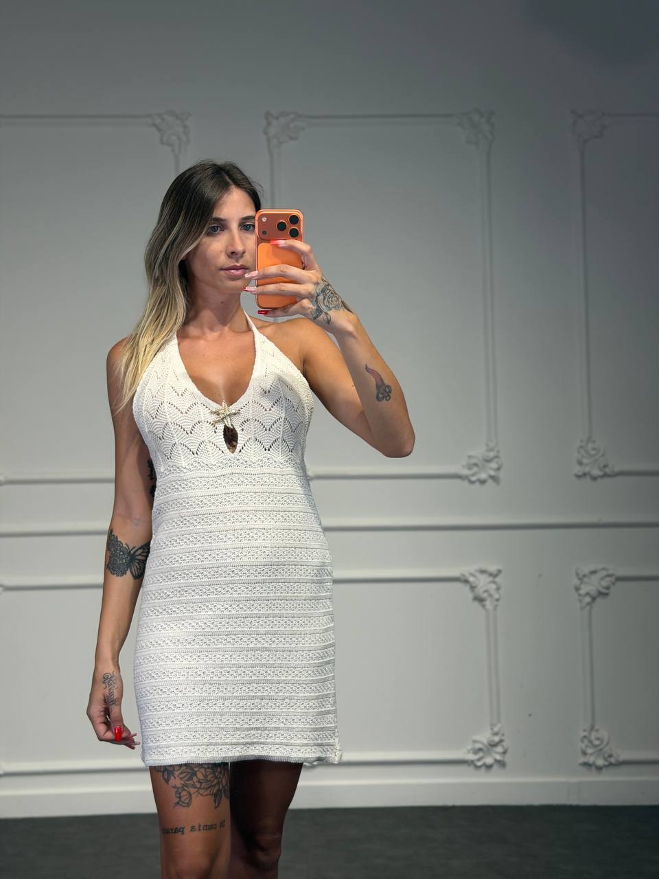 Copricostume Corto in Maglia Traforata con Scollo Halter - Dverso Fashion