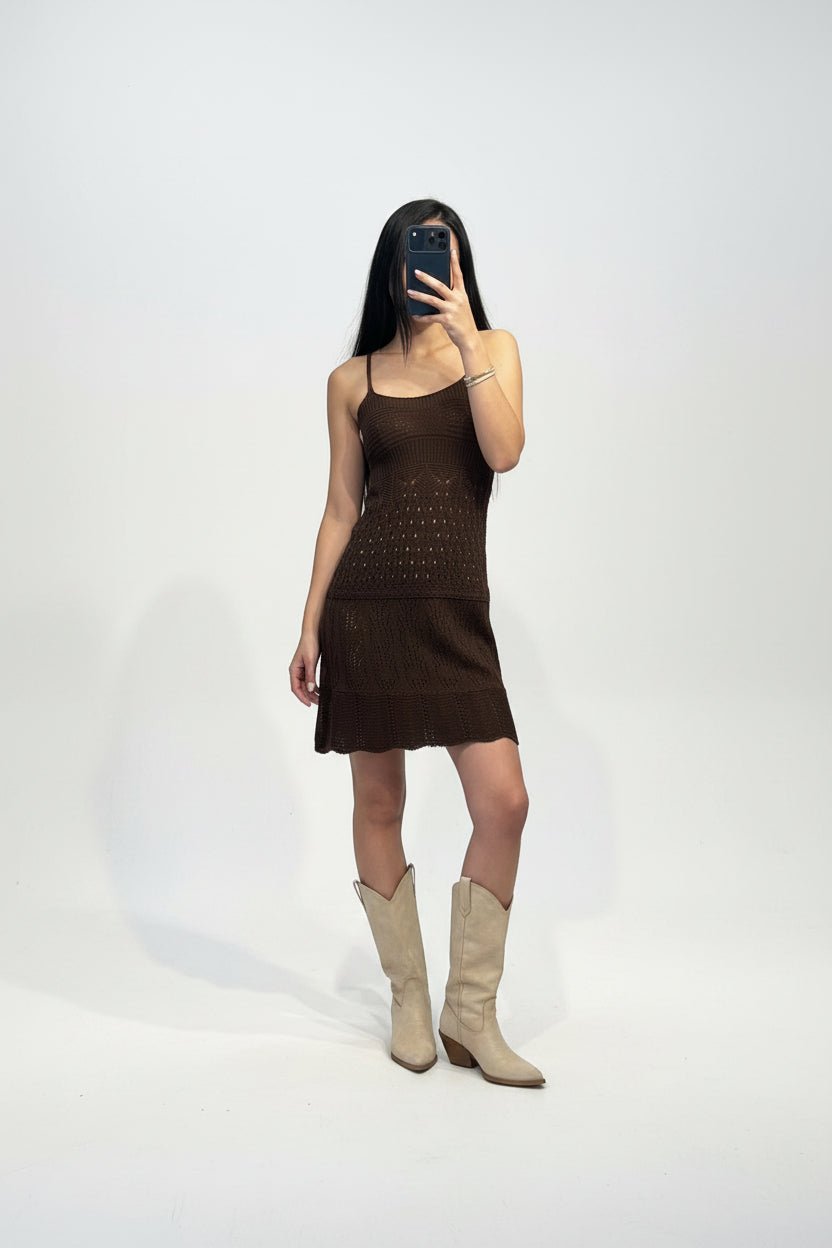 Copricostume in Maglia Traforata con Spalline Sottili e Gonna Svasata - Dverso Fashion