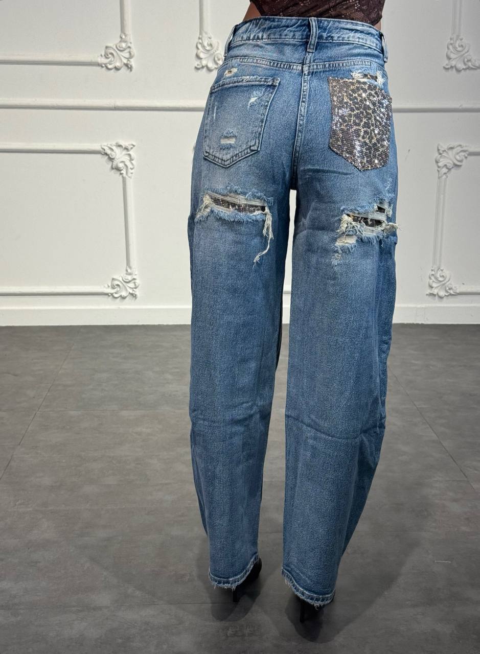 jeans con tasca glitter leopardata - Dverso Fashion