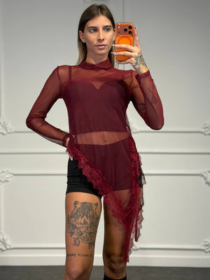 maglia velata asimmetrica con pizzo - Dverso Fashion