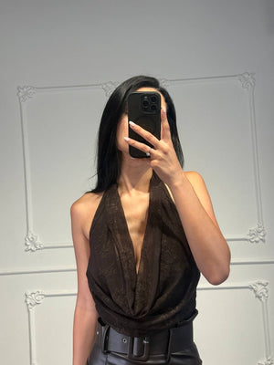 Body con scollo halter drappeggiato e inserti in pizzo