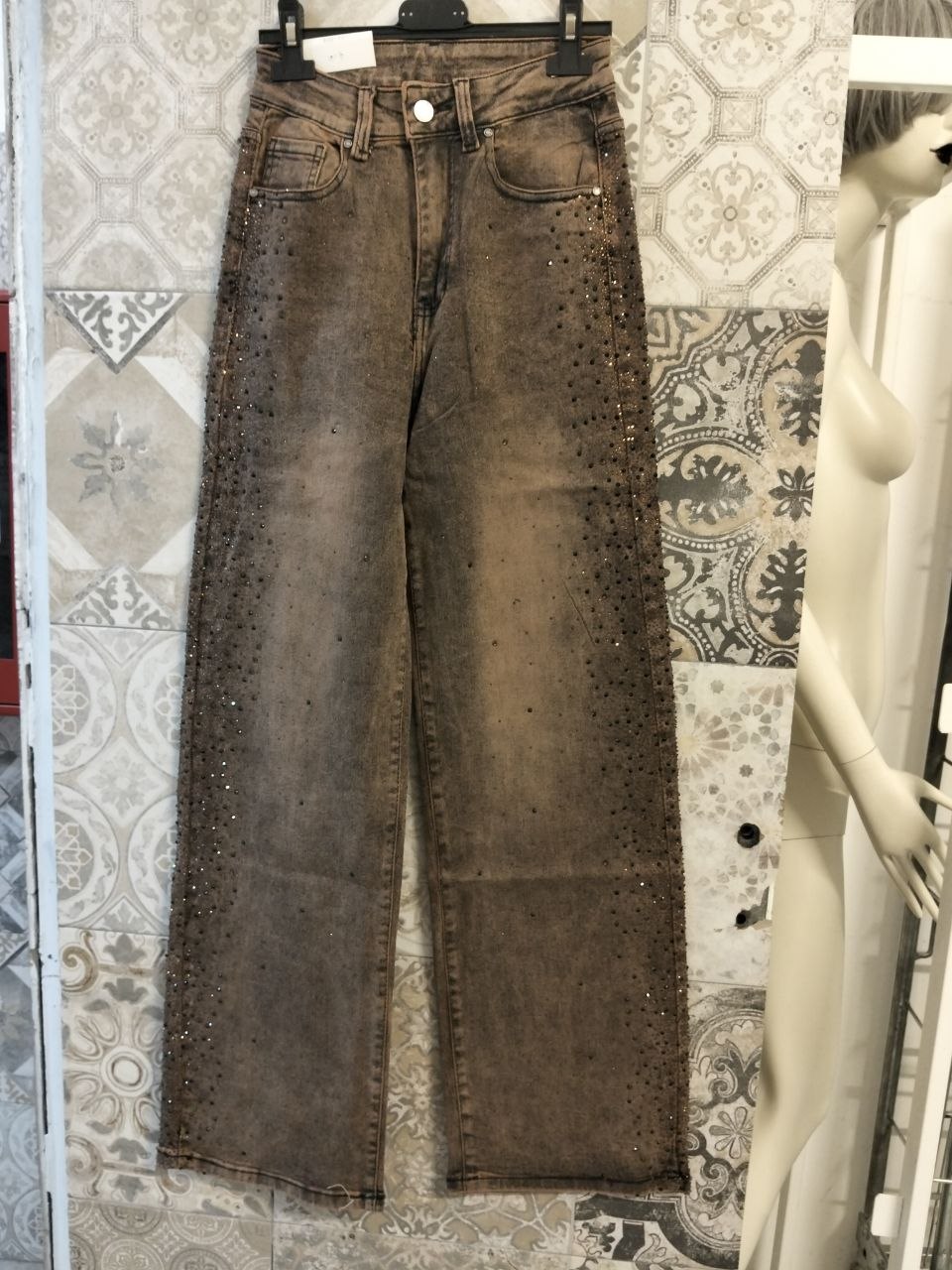 Jeans palazzo a vita alta con applicazioni strass laterali