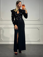 Abito lungo con corpetto in paillettes