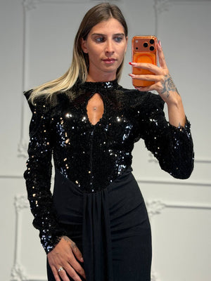 Abito lungo con corpetto in paillettes