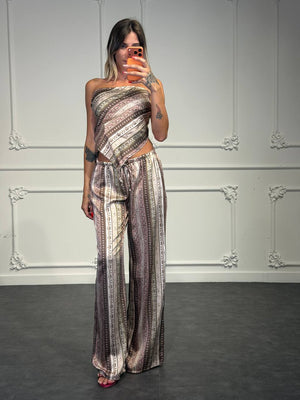 Coordinato Top a Fascia e Pantaloni Palazzo con Stampa Ornamentale