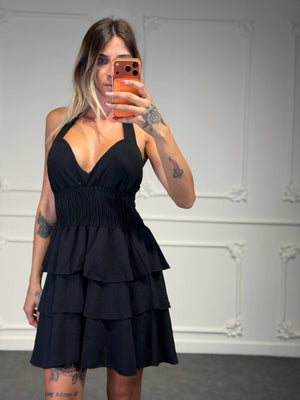 Abito Corto Halter con Vita Elasticizzata e Gonna a Balze
