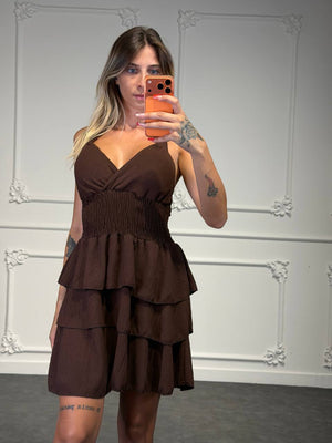 Abito Corto Halter con Vita Elasticizzata e Gonna a Balze