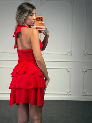 Abito Corto Halter con Vita Elasticizzata e Gonna a Balze