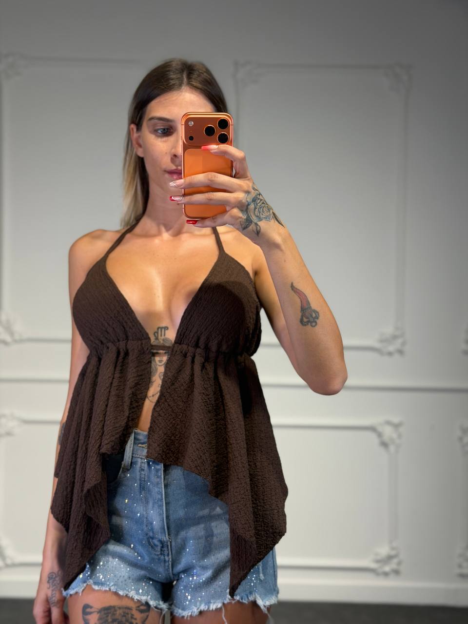 top con trama lavorata con scollatura regolabile - Dverso Fashion