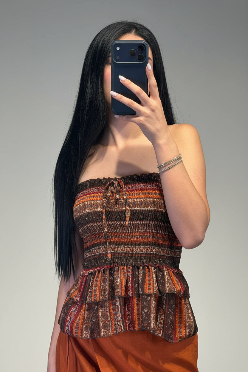Top Donna Fascia Arricciato con Balza sul Fondo e Stampa Etnica Stile Boho Chic - Dverso Fashion