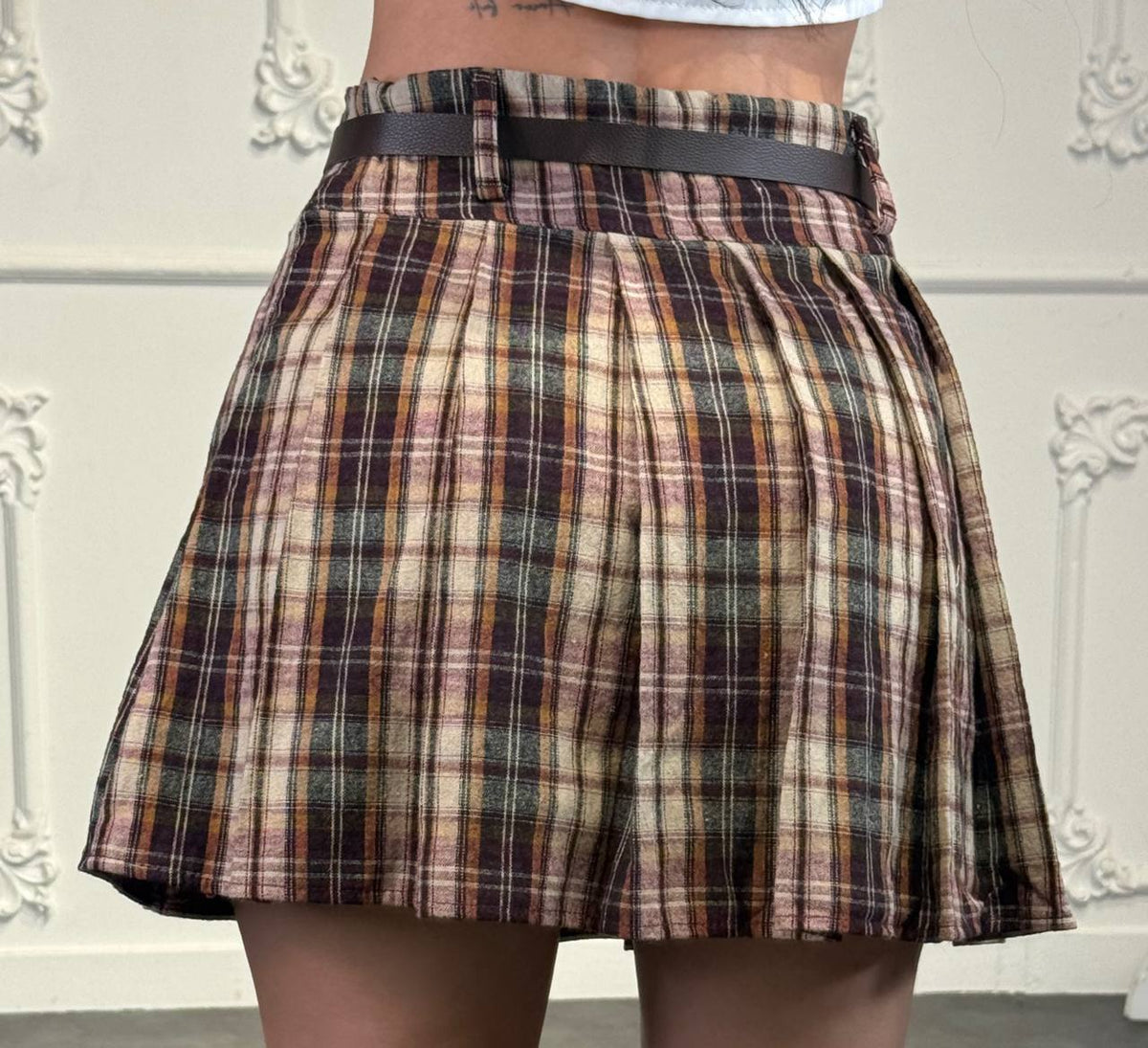 Gonna pantalone plissettata tartan con cinta