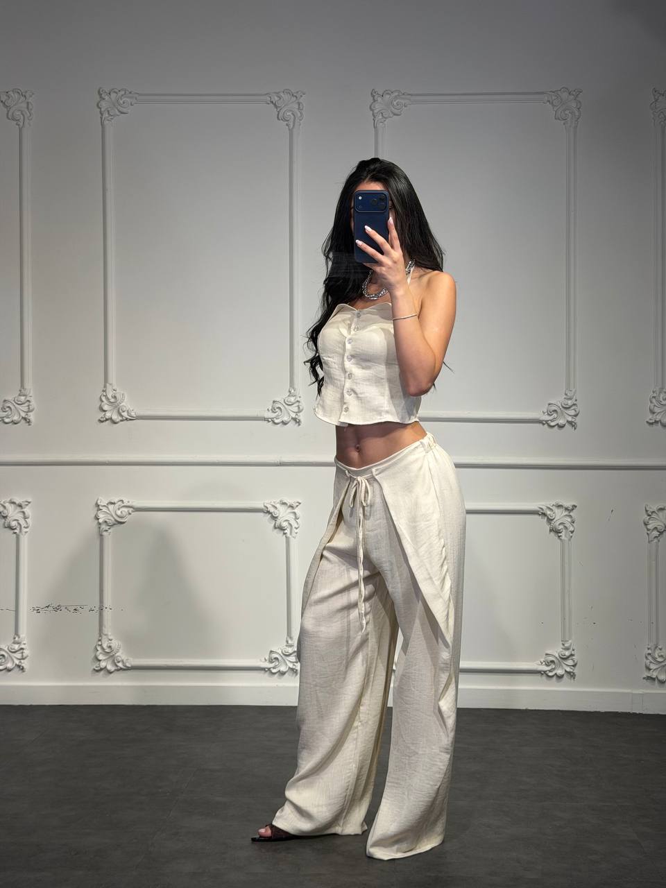 set in lino con pantalone con fiocco