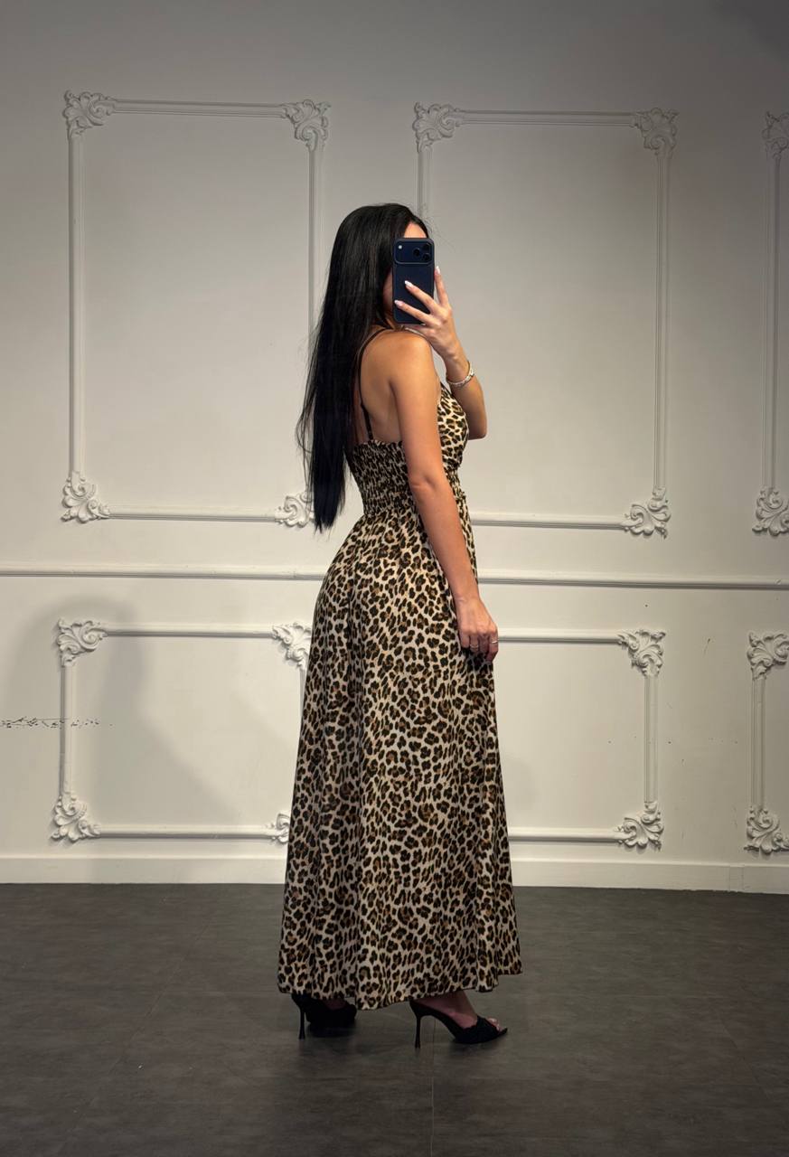 Abito Lungo Animalier con Scollo Incrociato Vita Arricciata e Gonna Ampi