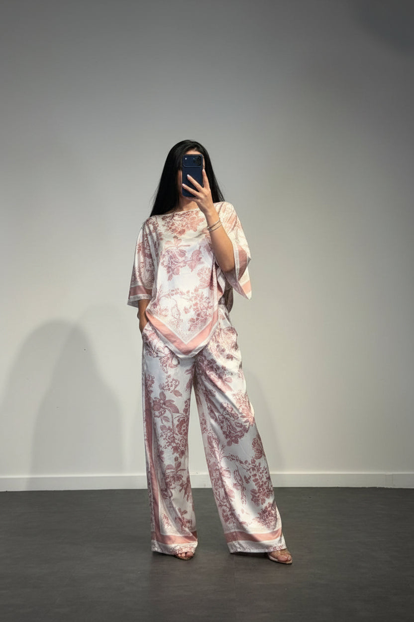 Coordinato Donna Due Pezzi con Top a Foulard e Pantaloni Palazzo, Stampa Tropicale A