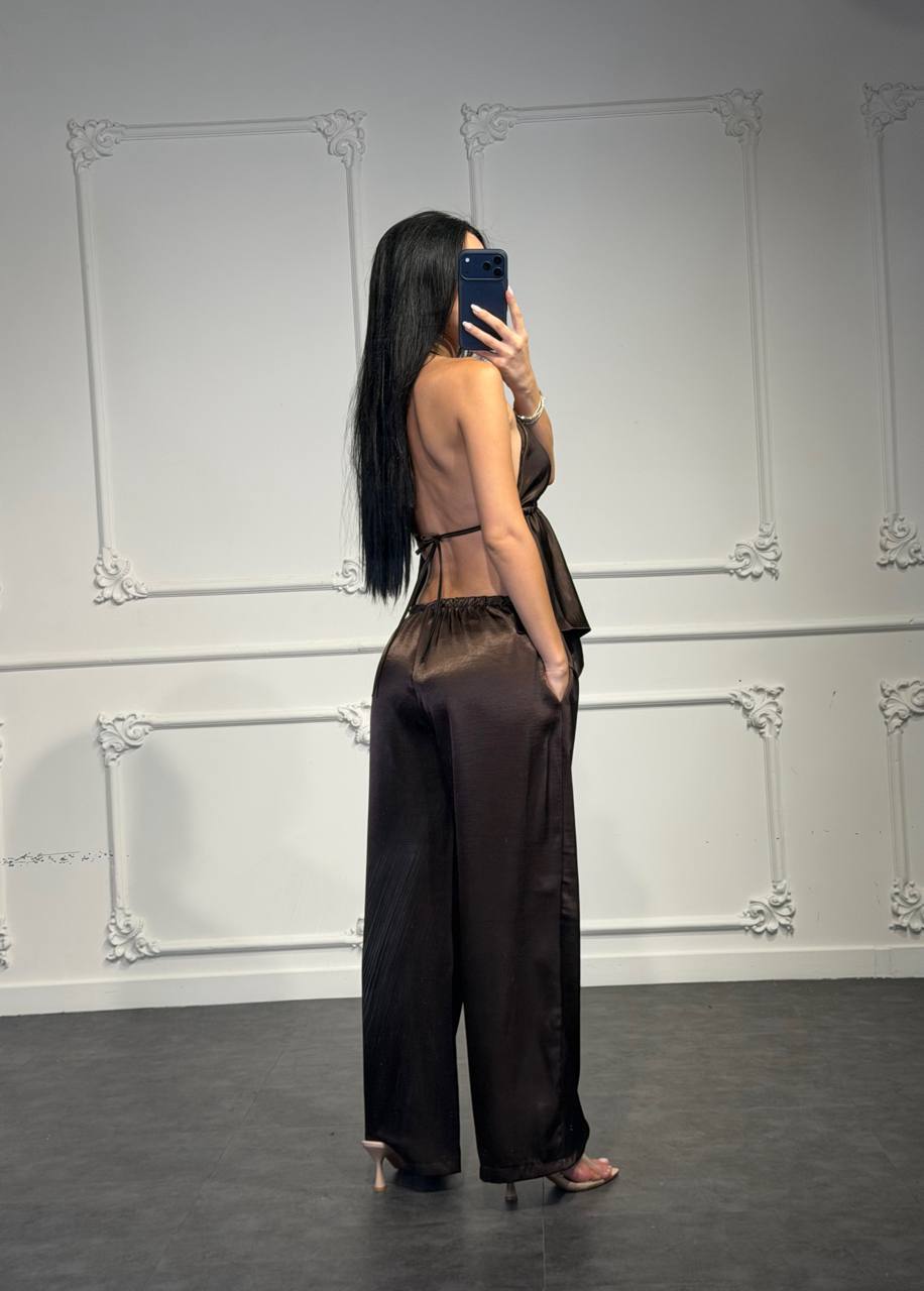 coordinato Donna Due Pezzi in Raso con Top a Spalline e Pantaloni Palazzo
