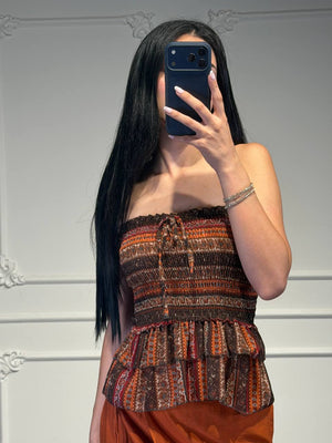Top Donna Fascia Arricciato con Balza sul Fondo e Stampa Etnica Stile Boho Chic