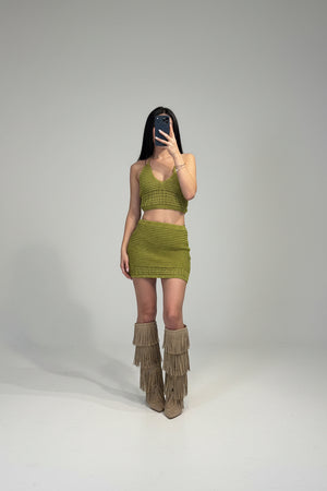 Set copricostume Due Pezzi in Maglia Crochet con Top Allacciato e Gonna Coordinat