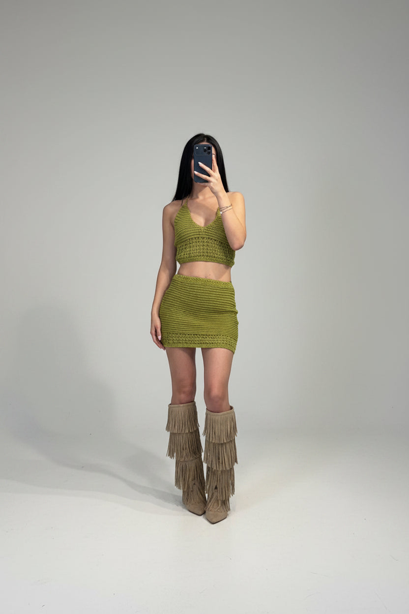 Set copricostume Due Pezzi in Maglia Crochet con Top Allacciato e Gonna Coordinat