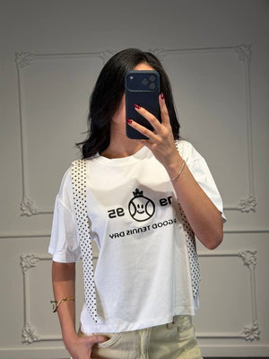maglia con cravatta a pois