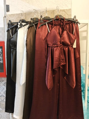 coordinato Donna Due Pezzi in Raso con Top a Spalline e Pantaloni Palazzo