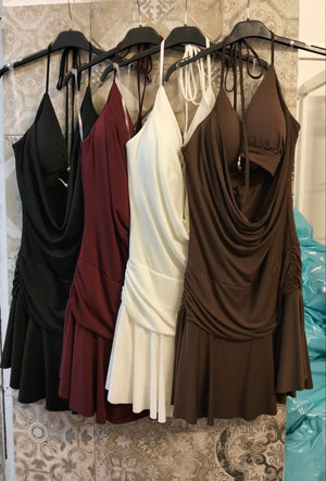 Abito Corto Donna Drappeggiato con Scollo Morbido Spalline Sottili e Gonna Svasata