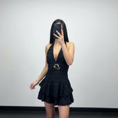 Abito Corto Donna con Scollo Profondo Cintura Gioiello e Gonna a Balze - Dverso Fashion