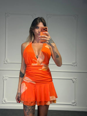 Abito Corto Svasato con Scollatura Profonda e Balza in Tulle - Dverso Fashion