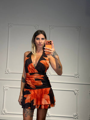 Abito Corto Svasato con Scollatura Profonda e Balza in Tulle - Dverso Fashion