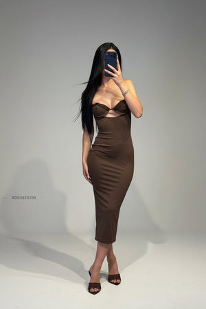 Abito Lungo Donna Aderente con Coppe Sagomate Bordo in Pizzo e Spalline Sottili - Dverso Fashion