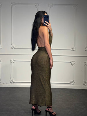 Abito Lungo Donna in Tessuto Lurex con Scollo Profondo Fascia Laterale e Dettaglio Fibbia - Dverso Fashion