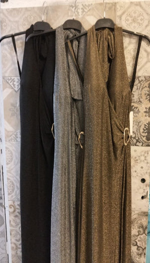 Abito Lungo Donna in Tessuto Lurex con Scollo Profondo Fascia Laterale e Dettaglio Fibbia - Dverso Fashion